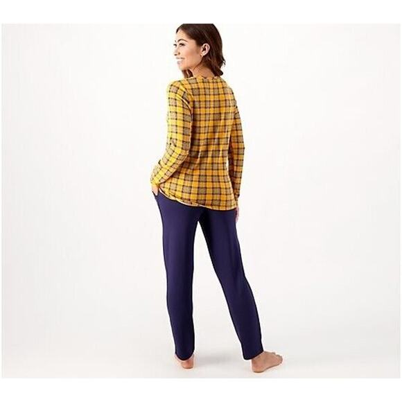 DENIM & CO. NEW $87‎ Heavenly Jersey Printed Top Solid Pant Set Sunflower Medium - Picture 2 of 3